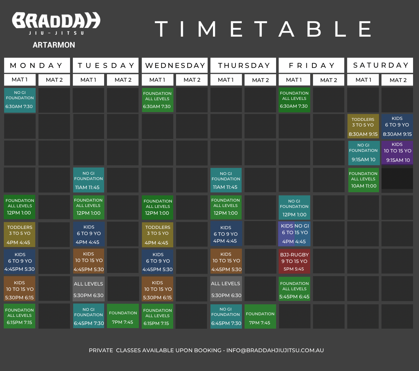 Braddah Jiu-Jitsu Artarmon weekly timetable showing kids and adult Brazilian Jiu-Jitsu classes