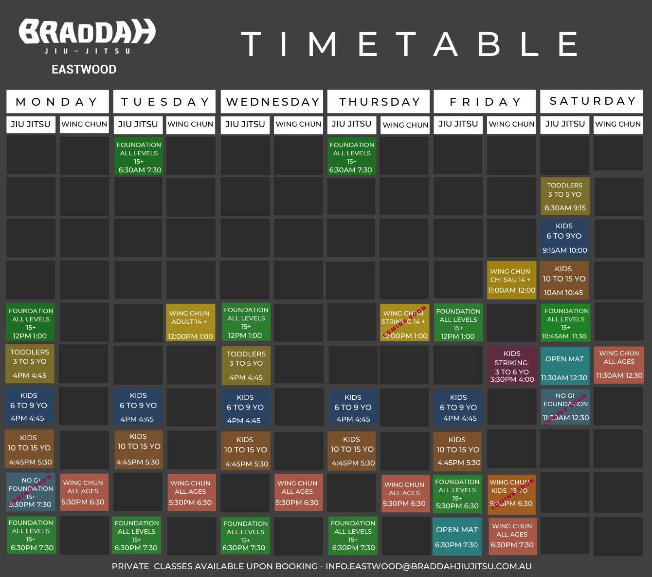 Braddah Jiu-Jitsu Eastwood weekly class schedule for kids and adults