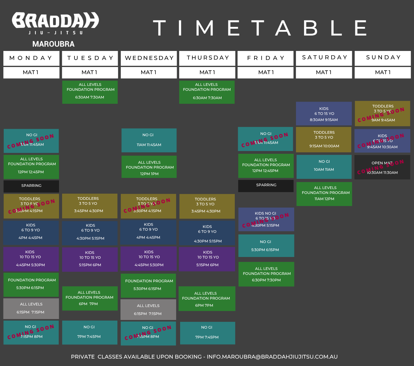 Braddah Jiu-Jitsu Maroubra weekly class schedule for kids and adults