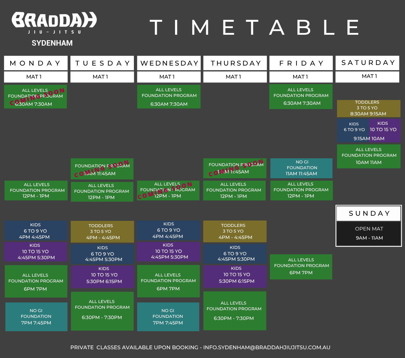 Braddah Jiu-Jitsu Sydenham weekly class schedule for kids and adults
