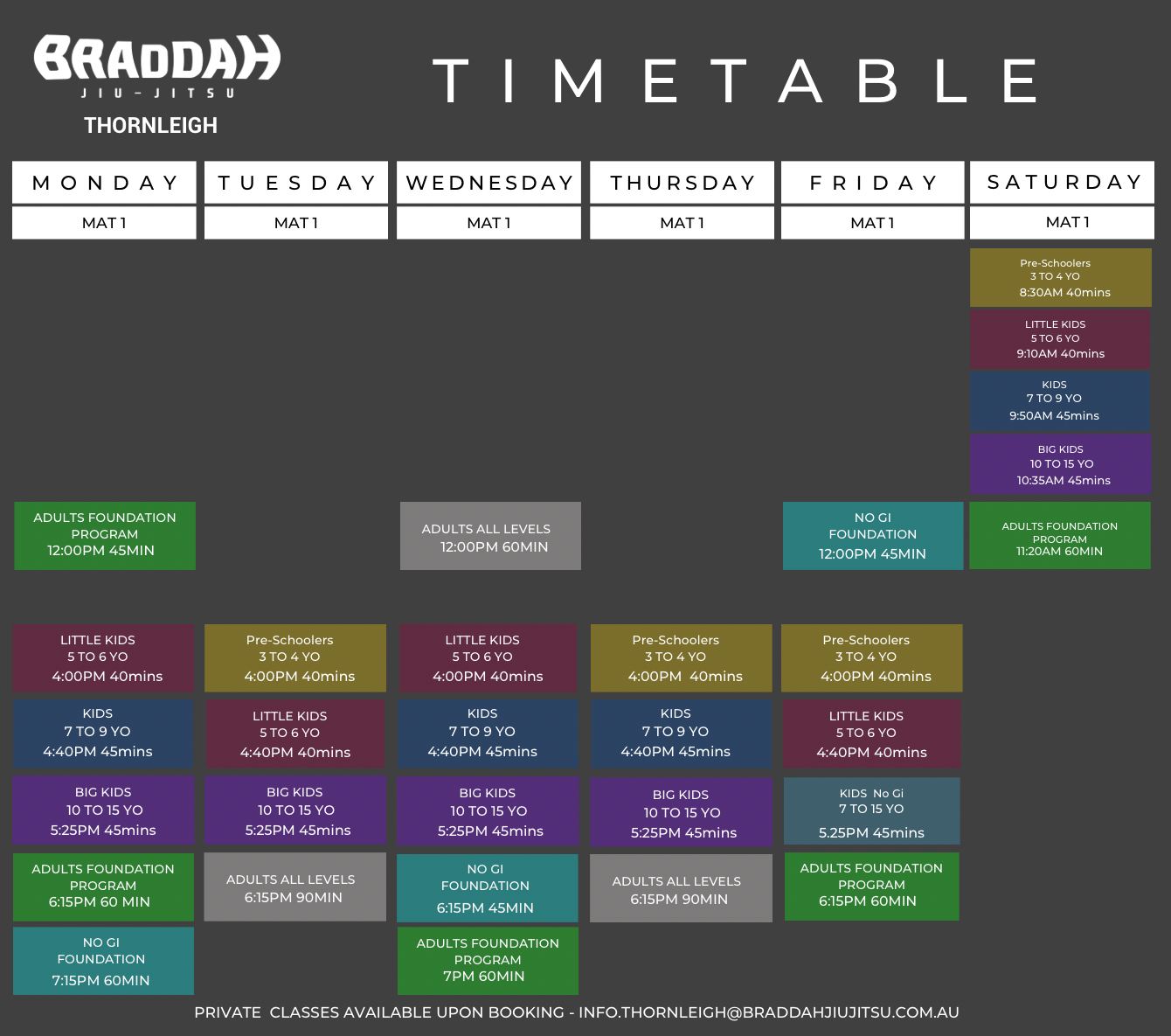 Braddah Jiu-Jitsu Thornleigh class timetable showing kids and adult Brazilian Jiu-Jitsu training sessions